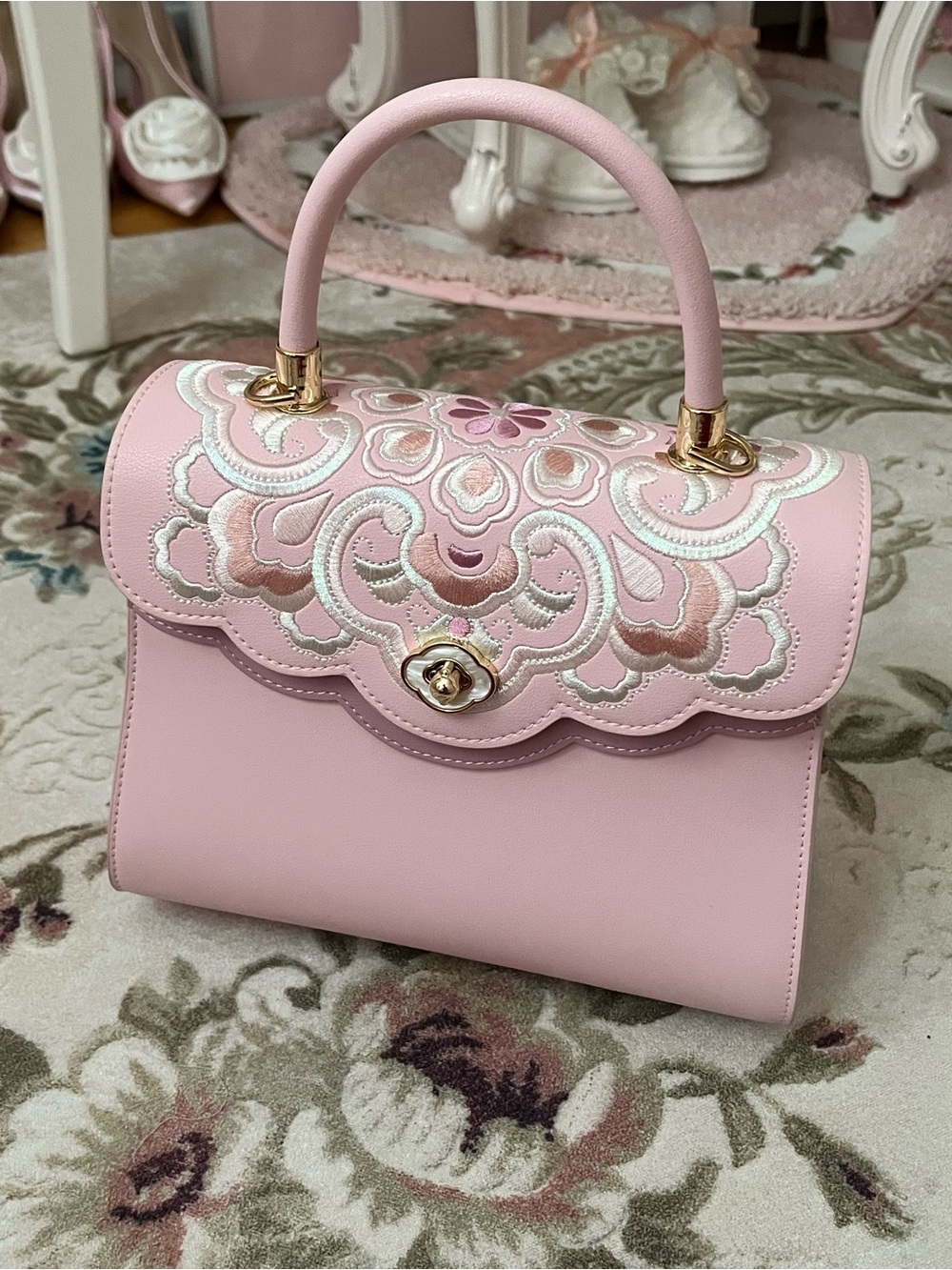 Elegant Pink Embroidered Top-Handle Bag